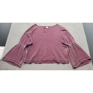 We The Free Blouse Top Womens Large‎ Purple Waffle Knit Long Bell Sleeve V Neck
